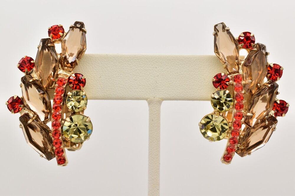 Vintage Crystal Clip Earrings Leaf Chocolate Orange Rhinestone Prong Bezel BinBF